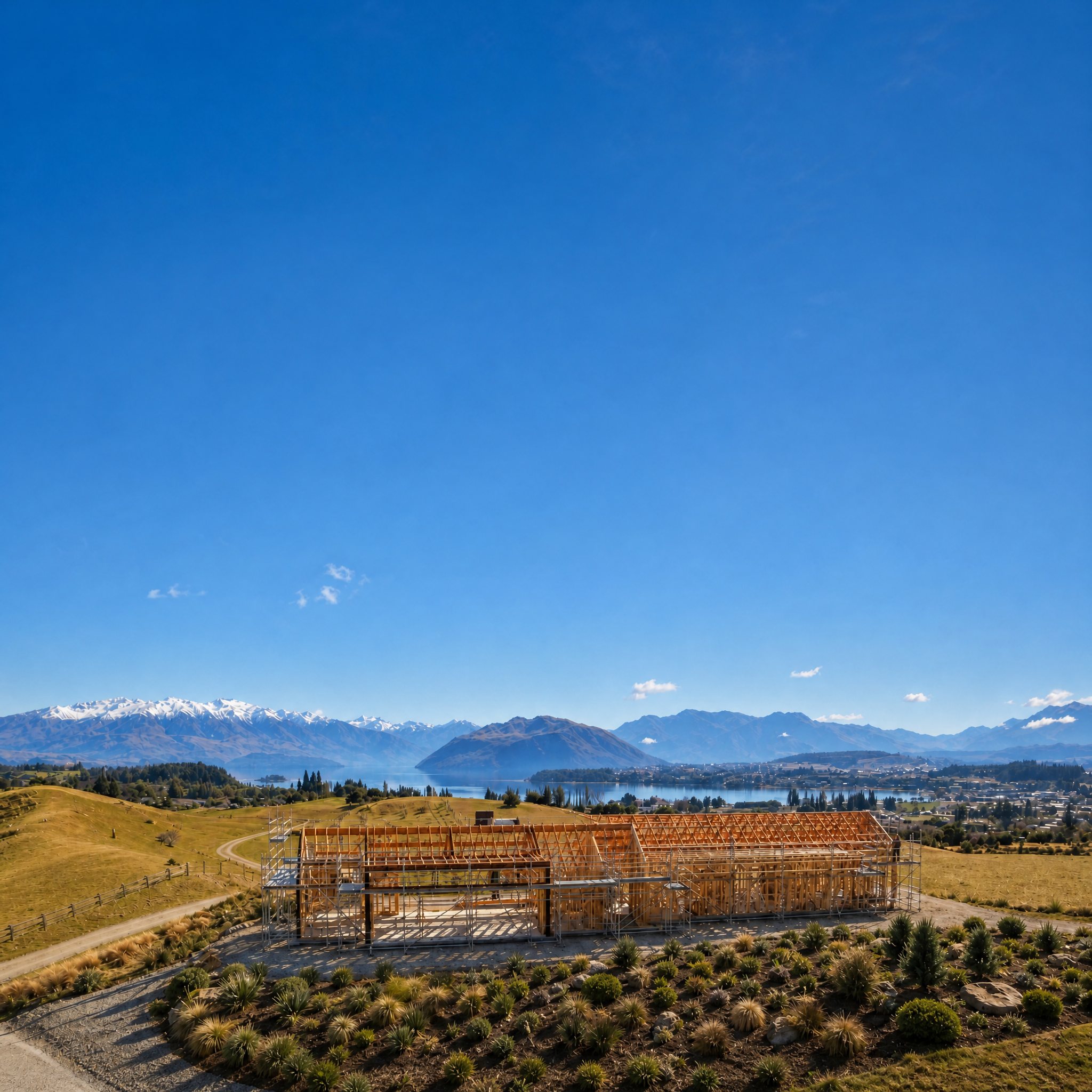 Timber frame of a new Sentinel home overlooking the lake and mountains