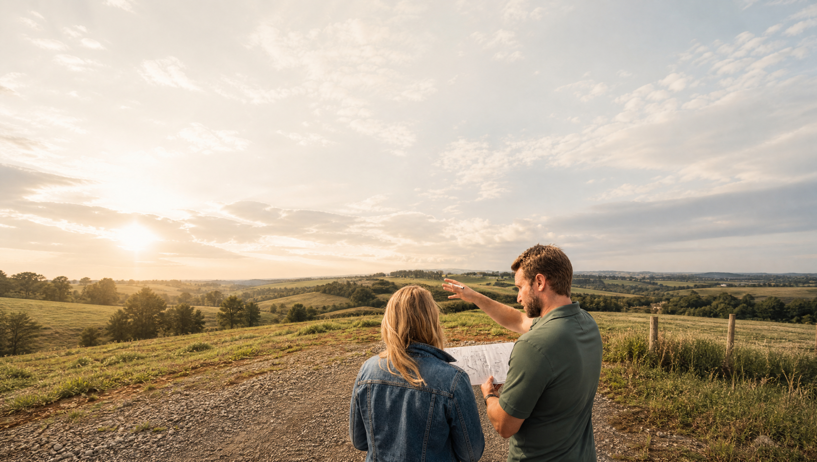 A couple reviewing plans on their rural section at sunset