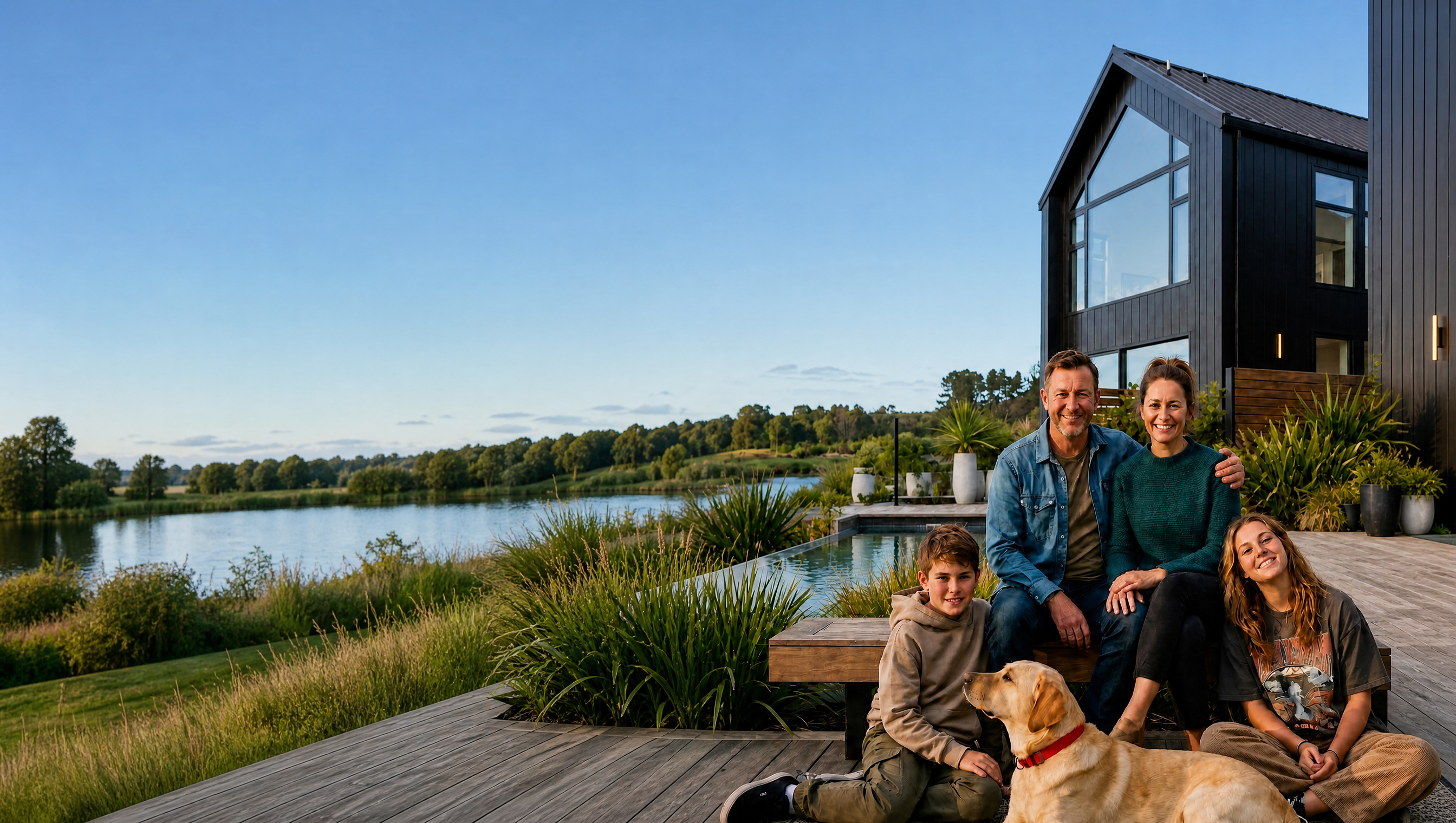 A family relaxing on the deck of their Sentinel home by a lake